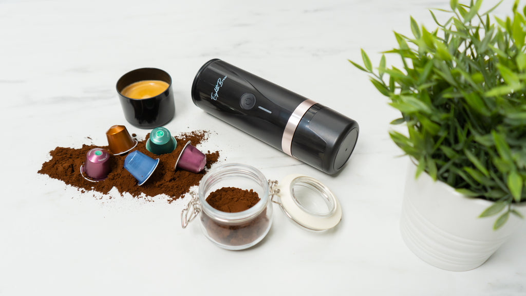 EighthBrew Portable Coffee Maker with capsules and ground coffee compatibility